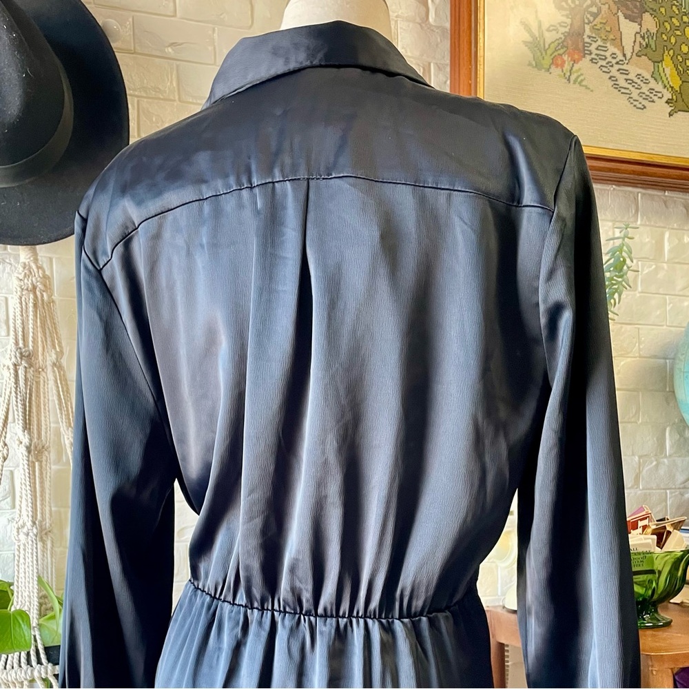 SOLD House of Harlow 1960 x Revolve Navy Satin Long Sleeve Mini Wrap Dress - Picture 11 of 14